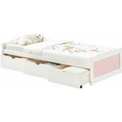 Idimex - Lit fonctionnel mia avec rangements 3 tiroirs 90 x 200 cm, lit simple 1 place, lit enfant en pin massif lasuré blanc et rose - Blanc/Rose