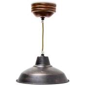 Luminaire lampe à Suspension Plafonnier style industriel look retro vintage abat-jour métal effet laiton socle en bois hauteur réglable - Relaxdays