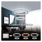 Lustre en cristal moderne à 2 anneaux, luminaire suspendu rond à LED pour le salon de la chambre, 30 + 50 cm, 3 couleurs modifiables