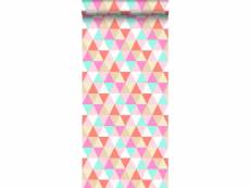 Papier peint triangles rose, turquoise et corail rouge - 138714 - 53 cm x 10,05 m 138714