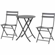Salon de jardin bistro pliable - table ronde ø 60 cm avec 2 chaises pliantes - métal thermolaqué gris - Gris