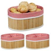 3x Corbeilles à pain, panier en bambou avec tissu, croissants, panière fruit H x L x P : 16,5 x 33,5 x 23,5 cm, nature