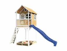 Axi maison enfant sur pilotis romy brun blanc avec toboggan bleu et bac à sable A030.070.31