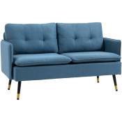 Canapé 2 places style art-déco dossier effet capitonné piètement incliné effilé métal noir extrémités dorées tissu bleu - Bleu