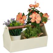 Jardinière, manche en bois, fleurs, plantes et herbes, design boîte à outils, fer, hlp 20x36x20 cm, crème - Relaxdays
