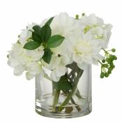 Jolipa - Dahlia hydrangea artificiel dans vase rond en plastique blanc 28x23x24 cm