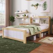 Lit simple en bois massif 90 x 200 cm - Cadre de lit avec sommier à lattes Tête de lit avec espace de rangement - Lit d'enfant Lit d'adolescent