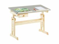 Bureau enfant flexi table à dessin réglable en hauteur et pupitre inclinable avec 1 tiroir, en pin massif vernis naturel et gris
