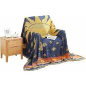 Couverture décorative tissée en coton, serviette de canapé, housse chaude en coton 130 x 180 cm (étoiles du soleil et de la lune)