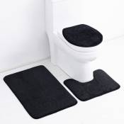 Ensemble de tapis de salle de bain en pierre gaufrée, housse d'abattant de toilette, tapis latéral de bain absorbant, noir