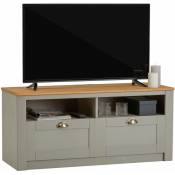 Idimex - Meuble tv bolton 2 tiroirs de rangement, meuble télé design campagne en pin massif gris et brun - gris/brun