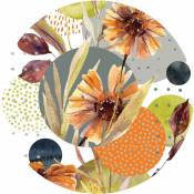 Papier peint panoramique rond adhésif fleurs - Ø 70 cm de vert, orange et gris - Sanders&sanders