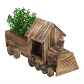Pot de fleurs en forme de train avec film, bois flambé, décoration pour jardin, hlp : 21 x 38 x 13 cm, nature - Relaxdays