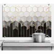 Protection murale cuisine tableau en verre salon Hexagone Marbre noir Doré 80x60 cm - gris