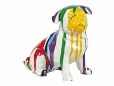 Statue chien carlin assis avec coulure multicolore