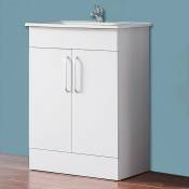 Aica Sanitaire - Meuble de salle de bain meuble lave-mains poser avec lavabo en céramique meuble de rangement double porte et étagères Blanc 60cm