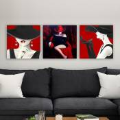 Cotecosy - Set de 3 tableaux Redition 30x30cm Motif Femme fatale - Noir / Rouge