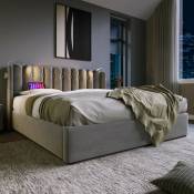Dolinhome - Lit double capitonné avec liseuse, tête de lit rechargeable, rangements, 160x200cm, gris