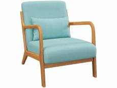 Fauteuil lounge - 3 coussins inclus - assise profonde - accoudoirs - structure bois hévéa - aspect velours turquoise