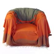 Jeté de fauteuil coton rayures orange vert amande