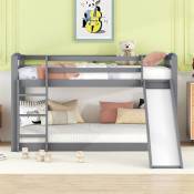 Lit superposé pour enfants et adolescents, lit d'enfant avec toboggan, cadre en bois massif, montage facile, 90x200cm, gris