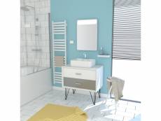 Meuble salle de bain scandinave blanc et gris 80 cm avec tiroirs, vasque a poser et miroir