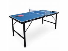 Mini table de ping pong 150x75cm - table pliable indoor bleue. Avec 2 raquettes et 3 balles. Valise de jeu pour utilisation intérieure. Sport tennis d