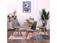 Ensemble de table et chaises scandinave - table ronde en verre avec pieds en bois et 4 chaises grises au design épuré, dimensions 54x54x82cm