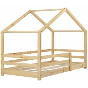 Lit cabane maison pour enfant avec barrière et sommier à lattes bois de pin naturel 160 x 80 cm