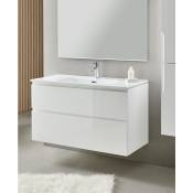 Meuble de salle de bain avec 2 tiroirs suspendus blanc avec plan moulé + miroir - Longueur 100 x Hauteur 56 x Profondeur 46 cm Pegane