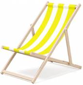 Outtentin® Chaise longue Premium en bois, pliable pour jardin et balcon, chaises longues pour adultes, chaise de plage avec design moderne, chaises longues détente, jusqu'à 130 kg motif blanc et jaune