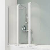 Pare-baignoire pliant 125 x 140 cm, paroi de baignoire 3 volets Komfort, écran de baignoire pivotant Schulte, profilé blanc, verre transparent