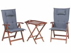 Set de terrasse table et 2 chaises en bois foncé coussins bleus toscana 174676