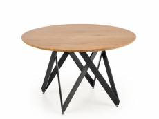 Table de salle à manger ronde avec plateau aspect chêne doré et piètement design en acier noir spin 379
