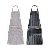 2 Pcs Striped Kitchen Aprons, Unisex Cotton Linen Chefs Aprons, Adjustable Bib Apron with 2 Pockets for Cooking Baking Painting, Black & Grey - Ccykxa