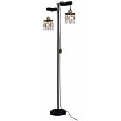 Lampadaire bois 2 ampoules lampe de salon sur pied réglable en hauteur lampadaire cristaux, laiton métal noir, douilles E27, LxlxH 51x25x168 cm