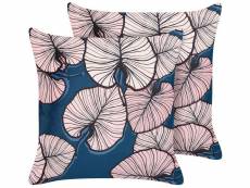 Lot de 2 coussins en velours à motif de feuilles bleu et rose 45 x 45 cm chrysanthemum 345404