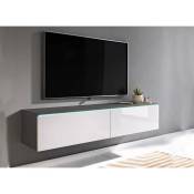 Meuble TV contemporain gris et blanc avec LED 2 portes MALORIE - 140 cm - blanc gris