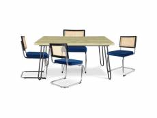 Pack table à manger design industriel 120cm & 4 chaises de salle à manger en rotin - tapisserie en velours - hyre bleu foncé