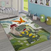 Paco Home - Tapis Chambre Enfant Adorable Dinosaures Jungle Volcan Effet 3-D Poils Ras Vert 80x150 cm