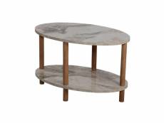 Table basse ovale kregi l70xp43cm bois clair et effet marbre gris