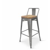 Tabouret de bar en métal brut aspect galvanisé style industriel avec dossier et assise en bois clair - Hauteur 66 cm - Kosmi