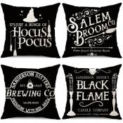 Taie d'oreiller décorative d'Halloween 45,72 x 45,72 cm 4 pièces Décoration d'Halloween Hocus Pocus Farmhouse Say Blanc Noir Décoration d'oreiller
