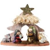 Crèche De Noël Avec 5 Figurines Et Stable 15x8x13cm
