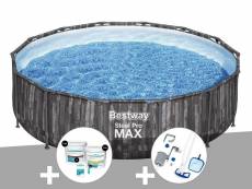 Kit piscine tubulaire ronde bestway steel pro max décor bois, 4,27 x 1,07 m + kit de traitement au chlore + kit d'entretien deluxe