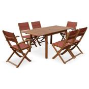 Salon de jardin en bois Almeria. table 120-180cm rectangulaire. 2 fauteuils et 4 chaises eucalyptus fsc et textilène Bois / Terra cotta - Bois