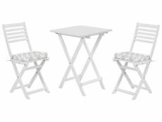 Table et 2 chaises de jardin blanches avec coussins