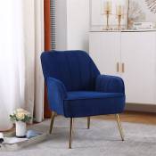 Fauteuil simple de salon, chaise de salle en velours, chaise simple de loisir avec pieds dorés, bleu