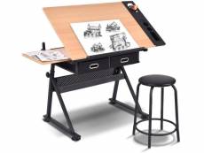 Giantex table à dessin inclinable bureau à dessin 15mm mdf avec tabouret 2 grands tiroirs hauteur réglable 115x60x(65-90.5) cm noir