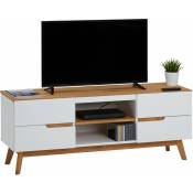 Idimex - Meuble tv tibor banc télé de 149 cm au style scandinave design vintage nordique avec 4 tiroirs 2 niches, en pin massif lasuré blanc - Blanc